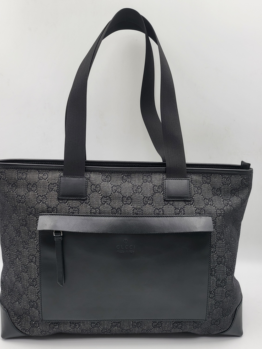 GUCCI Denim GG Monogram Tote Bag Black Calfskin Leather, Authentic.. Like New..